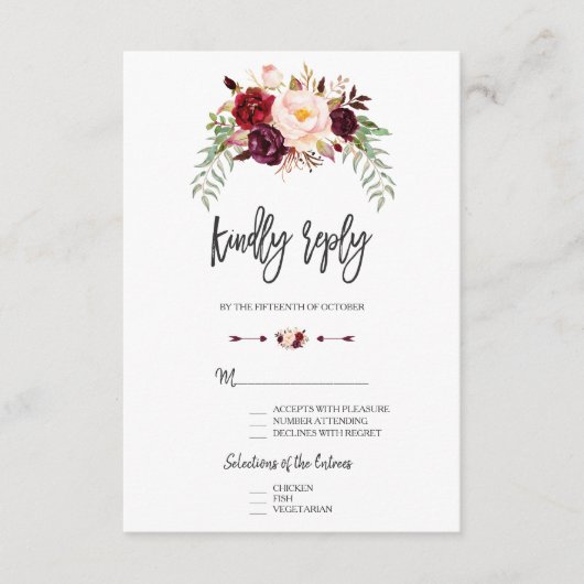 Burgundy Red Marsala Floral Hand Lettering RSVP (Voorkant)