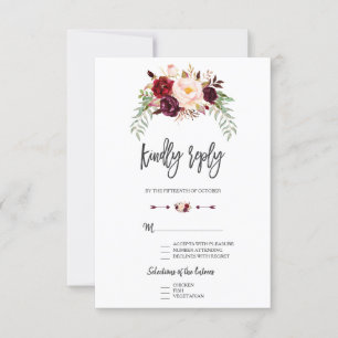 Burgundy Red Marsala Floral Hand Lettering RSVP