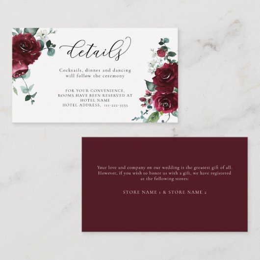 Burgundy Red Marsala Floral Modern Wedding Details Informatiekaartje (Voorkant / Achterkant)