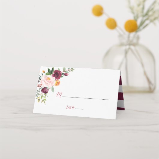 Burgundy Red Marsala Floral Place Cards Plaatskaartje (Voorkant)