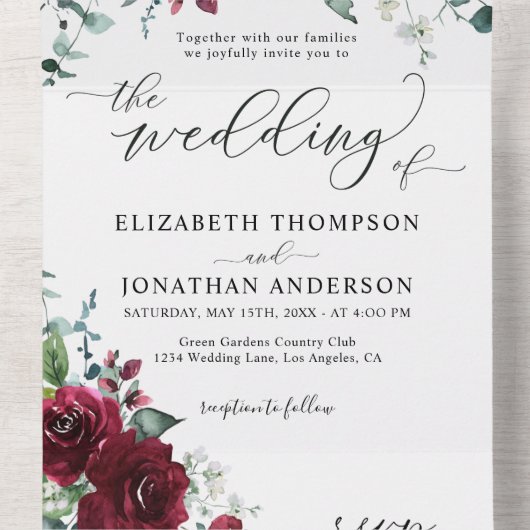 Burgundy Red Marsala Floral Wedding Details RSVP All In One Uitnodiging (Binnenkant midden)