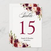 Burgundy Red Marsala Floral Wedding Table Number Kaart (Voorkant / Achterkant)