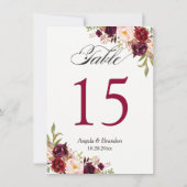 Burgundy Red Marsala Floral Wedding Table Number Kaart (Achterkant)