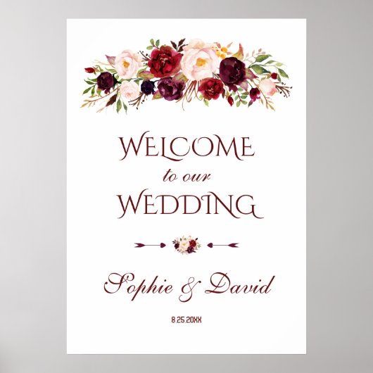 Burgundy Red Marsala Floral Welcome Weduwen Sign Poster (Voorkant)