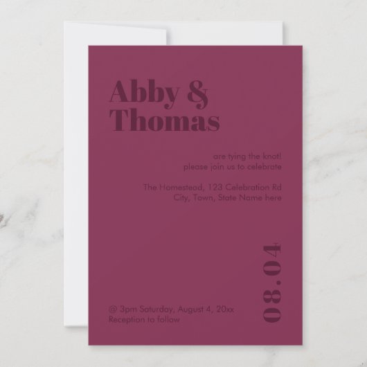 Burgundy Red Modern Minimalist Simple Bold Wedding Kaart (Voorkant)