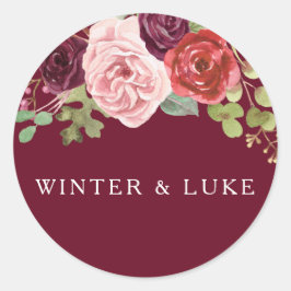 Burgundy Red Modern Wedding Names Favor Seal Ronde Sticker