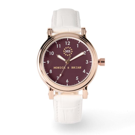 Burgundy Red Monogram couple Horloge (Voorkant)