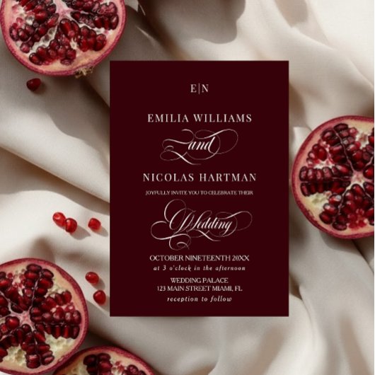 Burgundy Red Monogram Romantic Wedding Kaart