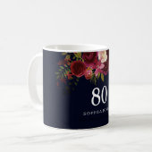 Burgundy Red Navy Blue Floral 80th Birthday Gift Koffiemok (Voorkant links)