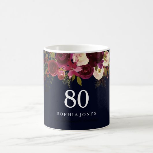 Burgundy Red Navy Blue Floral 80th Birthday Gift Koffiemok (Center)
