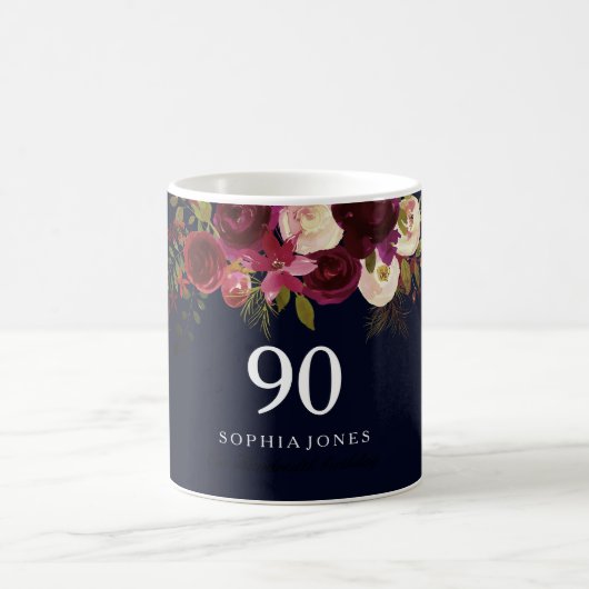 Burgundy Red Navy Blue Floral 90th Birthday Gift Koffiemok (Center)