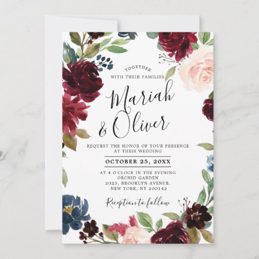 Burgundy Red Navy Blue Floral Boho Wedding Kaart (Voorkant)