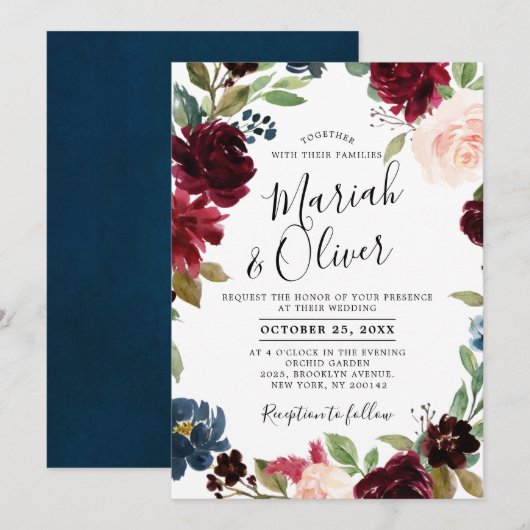 Burgundy Red Navy Blue Floral Boho Wedding Kaart (Voorkant / Achterkant)