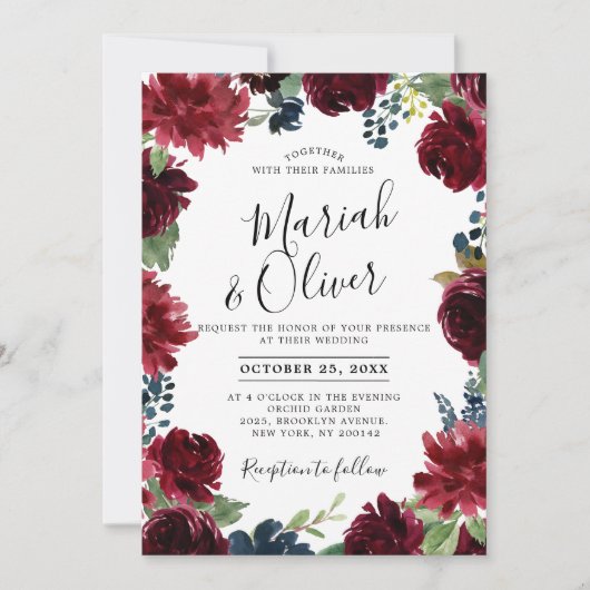 Burgundy Red Navy Blue Floral Boho Wedding Kaart (Voorkant)