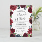 Burgundy Red Navy Blue Floral Boho Wedding Kaart (Staand voorkant)