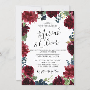 Burgundy Red Navy Blue Floral Boho Wedding Kaart