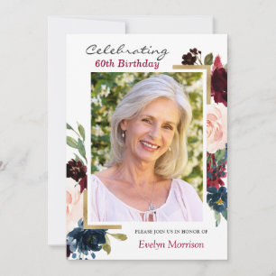 Burgundy Red Navy Blue Floral Foto Birthday Party Kaart