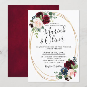 Burgundy Red Navy Blue Floral Geometric Wedding Kaart