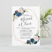 Burgundy Red Navy Blue Floral Geometric Wedding Kaart (Staand voorkant)