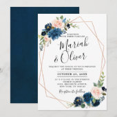 Burgundy Red Navy Blue Floral Geometric Wedding Kaart (Voorkant / Achterkant)