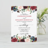 Burgundy Red Navy Blue Floral Rustic Boho bruiloft Kaart (Staand voorkant)