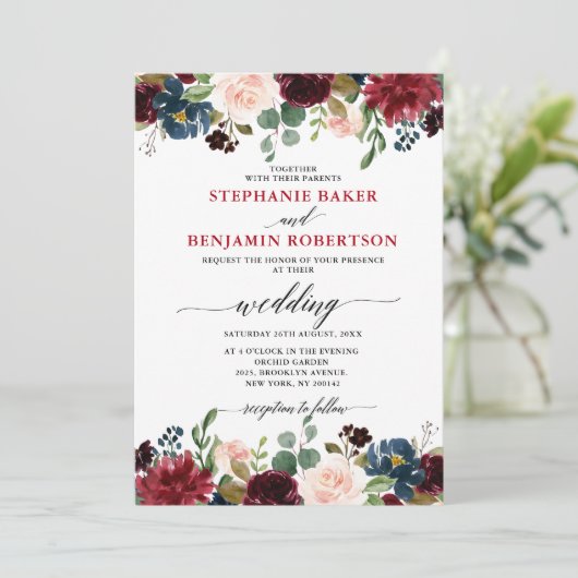 Burgundy Red Navy Blue Floral Rustic Boho bruiloft Kaart (Staand voorkant)
