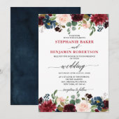 Burgundy Red Navy Blue Floral Rustic Boho bruiloft Kaart (Voorkant / Achterkant)