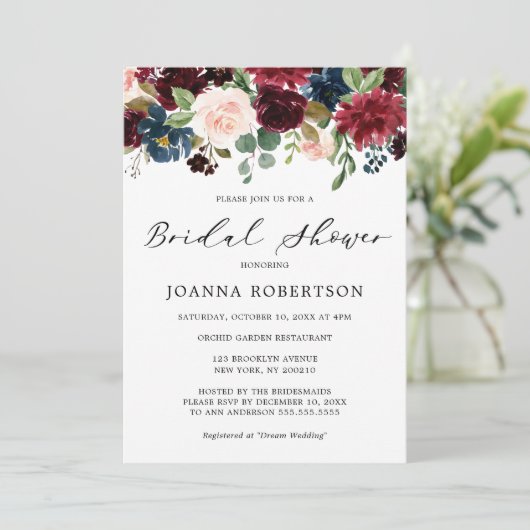 Burgundy Red Navy Blue Floral Vrijgezellenfeest Kaart (Staand voorkant)