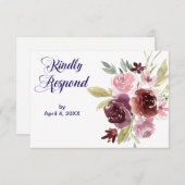Burgundy Red Navy Blue Floral Wedding RSVP (Voorkant / Achterkant)