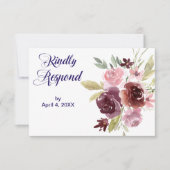 Burgundy Red Navy Blue Floral Wedding RSVP Kaartje (Voorkant)