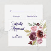 Burgundy Red Navy Blue Floral Wedding RSVP Kaartje (Voorkant / Achterkant)