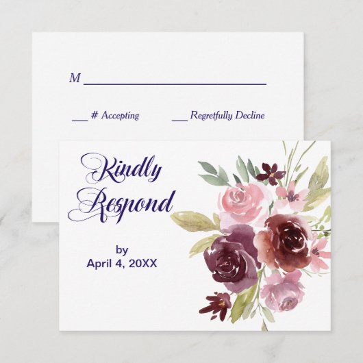 Burgundy Red Navy Blue Floral Wedding RSVP Kaartje (Voorkant / Achterkant)