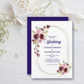 Burgundy Red Navy Blue Rozen Floral Wedding Kaart