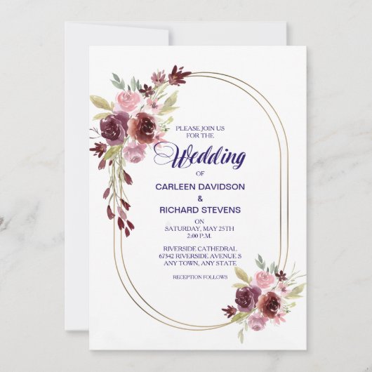 Burgundy Red Navy Blue Rozen Floral Wedding Kaart (Voorkant)