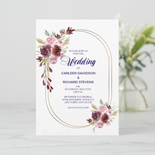Burgundy Red Navy Blue Rozen Floral Wedding Kaart (Staand voorkant)