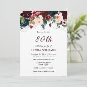 Burgundy Red Navy Blush Floral 80th Birthday Party Kaart (Staand voorkant)