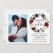 Burgundy Red Navy Blush Floral Save the Date Kaart (Voorkant)