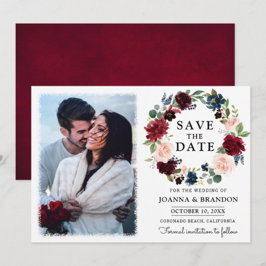 Burgundy Red Navy Blush Floral Save the Date Kaart (Voorkant / Achterkant)