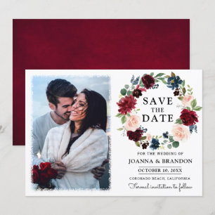 Burgundy Red Navy Blush Floral Save the Date Kaart
