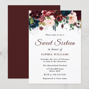 Burgundy Red, Navy Blush Floral Sweet 16 Party Kaart