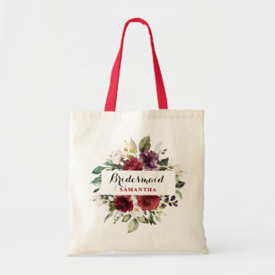 Burgundy Red Navy Floral Boho Bridesmaid cadeau Tote Bag