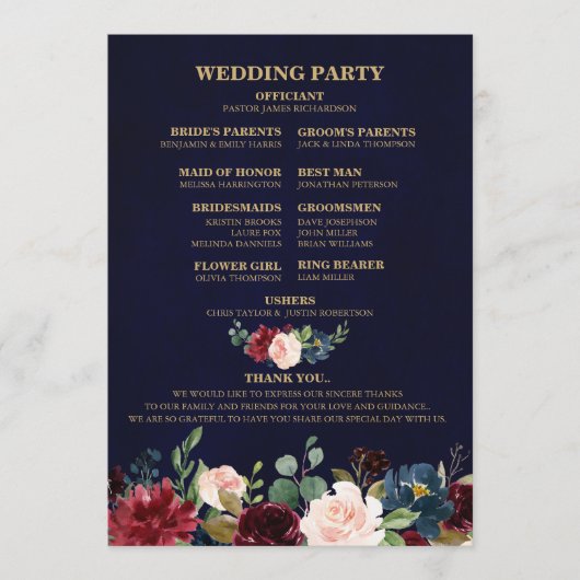 Burgundy Red Navy Floral Boho Fan Back Programmakaart (Voorkant)