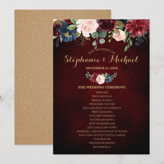 Burgundy Red Navy Floral Boho Fan Front Kaart (Voorkant / Achterkant)