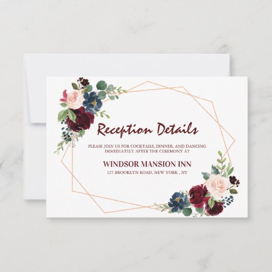 Burgundy Red Navy Floral Geometric Reception Kaart (Voorkant)