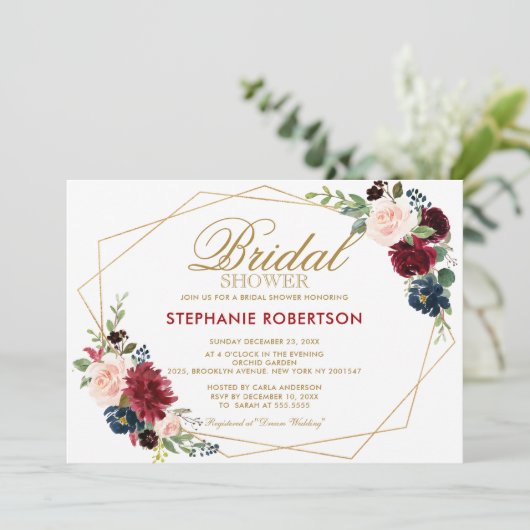 Burgundy Red Navy Floral Geometric Vrijgezellenfee Kaart (Staand voorkant)