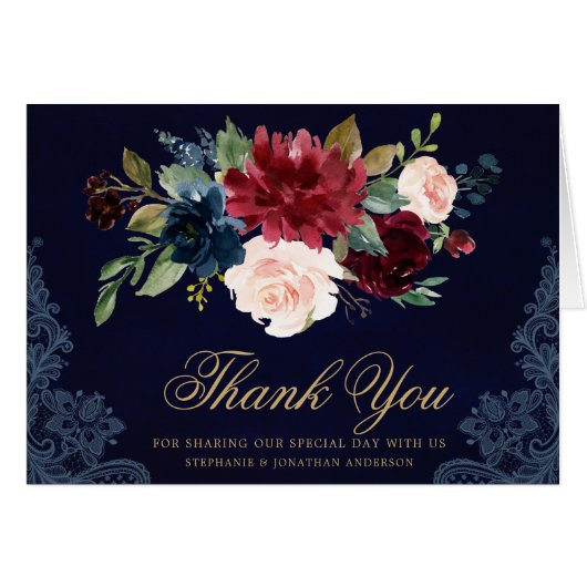 Burgundy Red Navy Floral Rustic Boho bedankt (Voorkant Horizontaal)