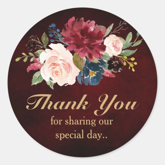 Burgundy Red Navy Floral Rustic Boho bedankt Ronde Sticker (Voorkant)