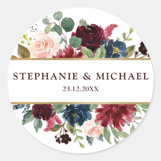 Burgundy Red Navy Floral Rustic Boho bedankt Ronde Sticker (Voorkant)