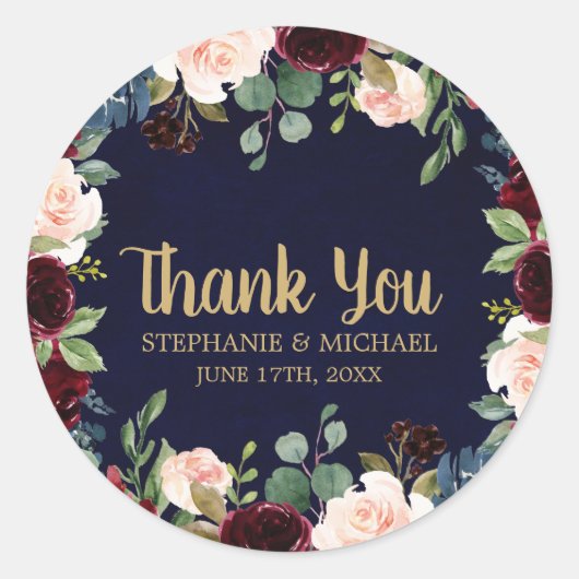 Burgundy Red Navy Floral Rustic Boho bedankt Ronde Sticker (Voorkant)