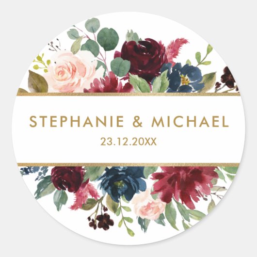 Burgundy Red Navy Floral Rustic Boho bedankt Ronde Sticker (Voorkant)